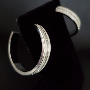 Silver Enameled Rhinestone Hoop Earrings